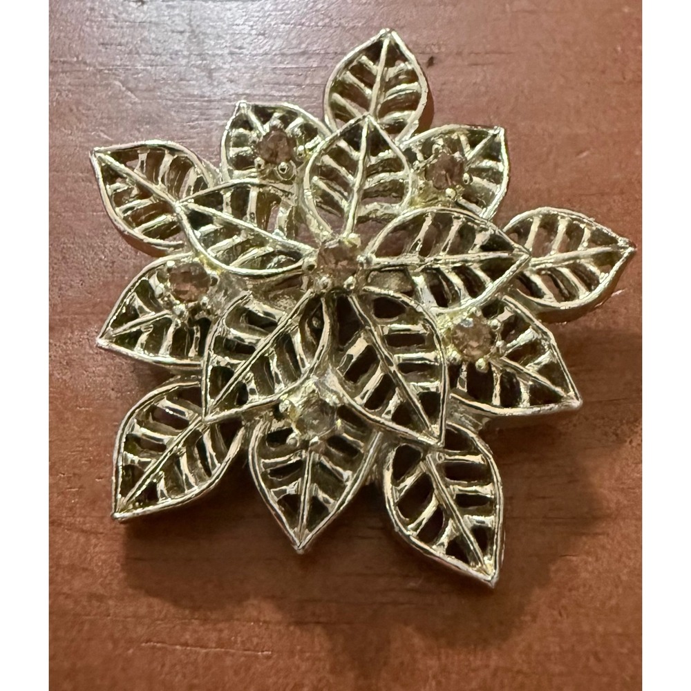 Silver Tone Filigree Snowflake/Starburst Floral Design Brooch w/Crystal Accent